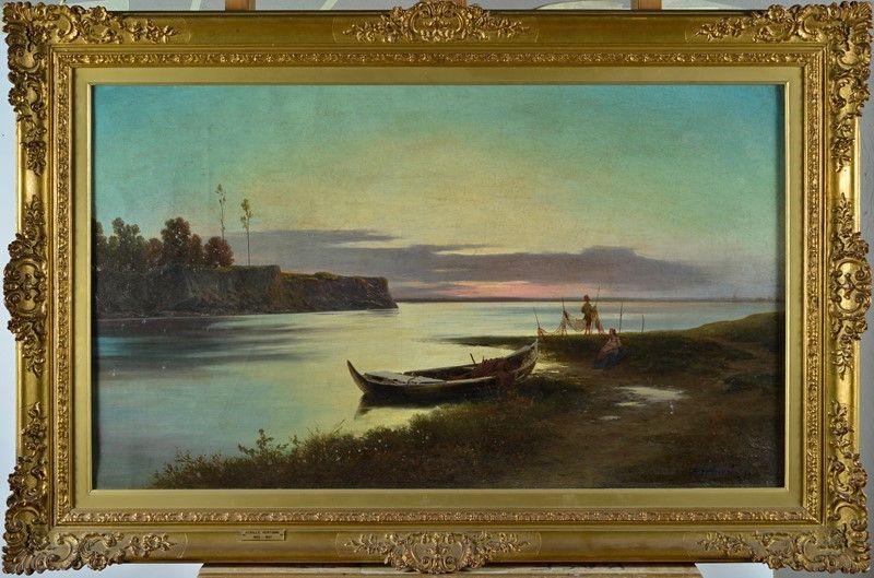 Achille Vertunni - Lago al Tramonto con Pescatori