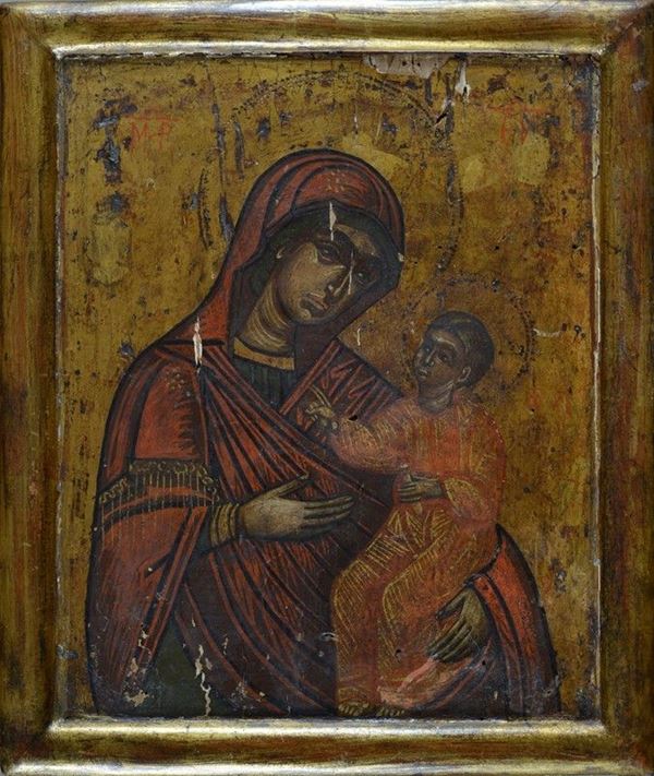 Anonimo, XIX sec. : Madonna and Child  - Icon painted on a table with a gold background - Auction ANTIQUES, AUTHORS OF XIX AND XX CENTURY - II - Galleria Pananti Casa d'Aste
