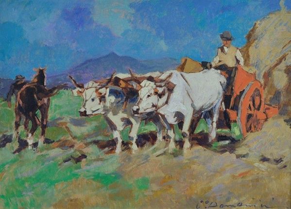 Carlo Domenici - Buoi con carro e contadino