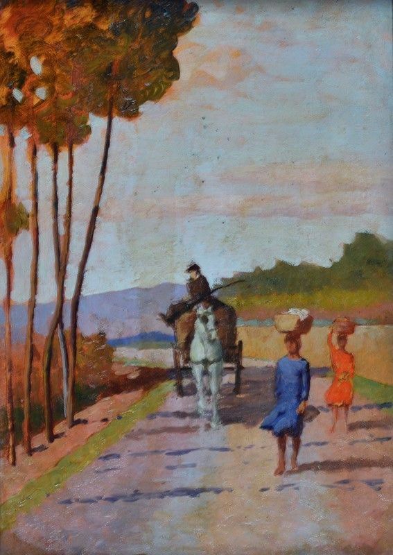 Nino Della Gatta - Strada con carretto e figure