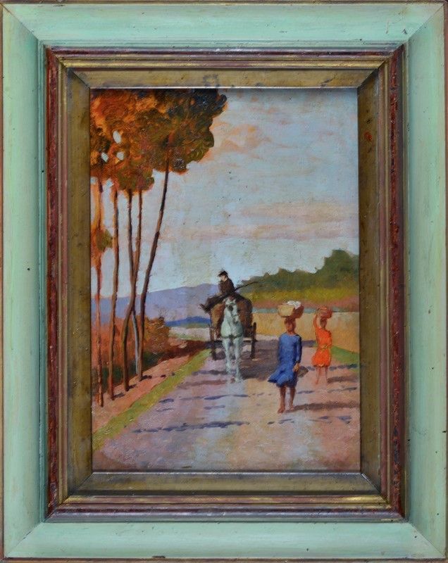 Nino della Gatta - Strada con Carretto e Figure