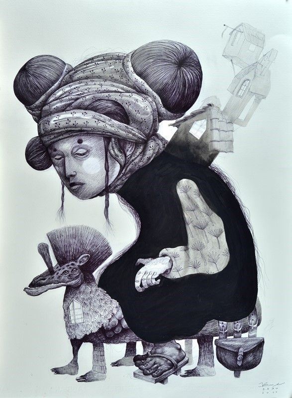Bue 2530 : My sister  (2021)  - Ink and watercolor on paper - Auction EPOCALE - Pop, Street, Graffiti - Galleria Pananti Casa d'Aste