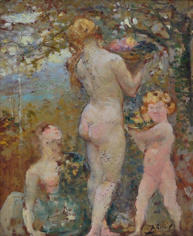 Henry Eugène Delacroix - Nudi Femminili e Putto (fronte); Ritratto Virile (retro)