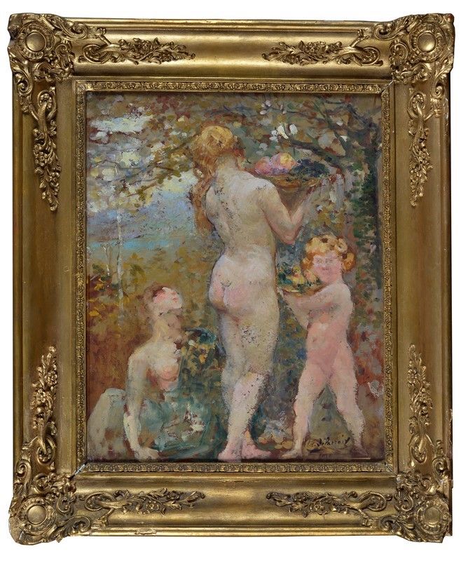 Henry Eugène Delacroix - Nudi Femminili e Putto (fronte); Ritratto Virile (retro)