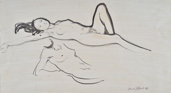 Romano Stefanelli : Reclining nude  - Tempera on paper - Auction AUTHORS OF XIX AND XX CENTURY - Galleria Pananti Casa d'Aste