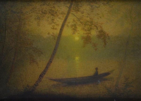 Anonimo, XX sec. - Barca sul lago al tramonto