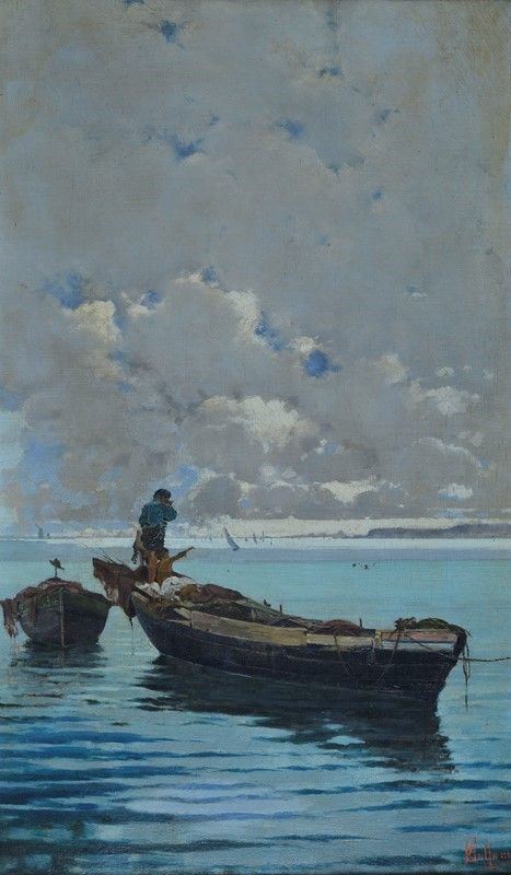 Andrea Coffa - Marina con barche di pescatori