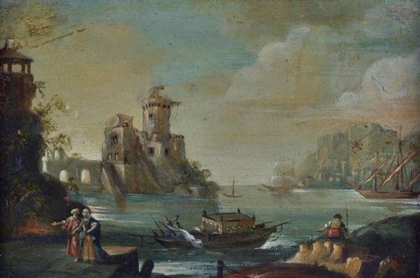 Anonimo, XVIII sec. - View of port with figures