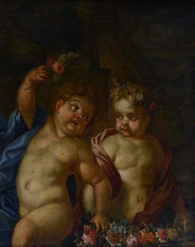 Scuola Fiamminga, XVII-XVIII Sec. - Putti con Fiori