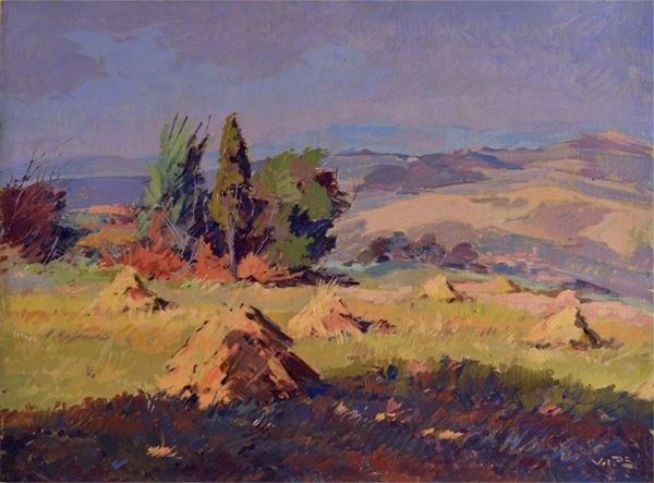 Angiolo Volpe - Campagna con covoni