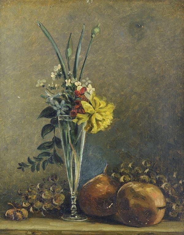 Anonimo, XX sec. - Vaso con fiori e frutta