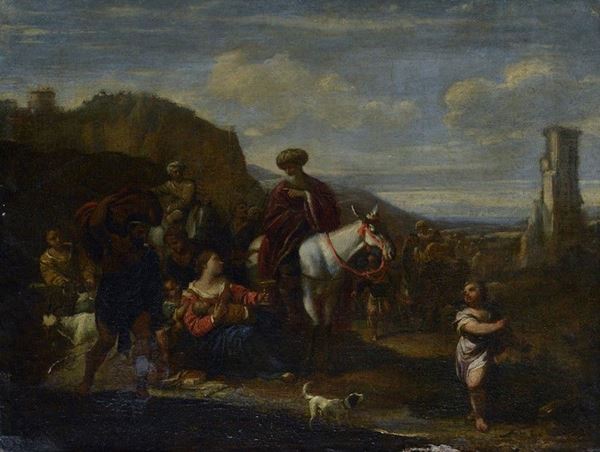 Attr. a Pierfrancesco Mola - Paesaggio con cavalieri e contadini
