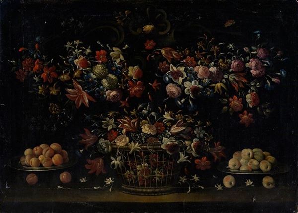 Scuola Fiamminga, XVII sec. - Trionfo di fiori e frutti