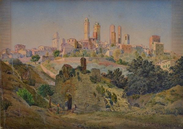 Anonimo, XIX sec. - Veduta di San Gimignano