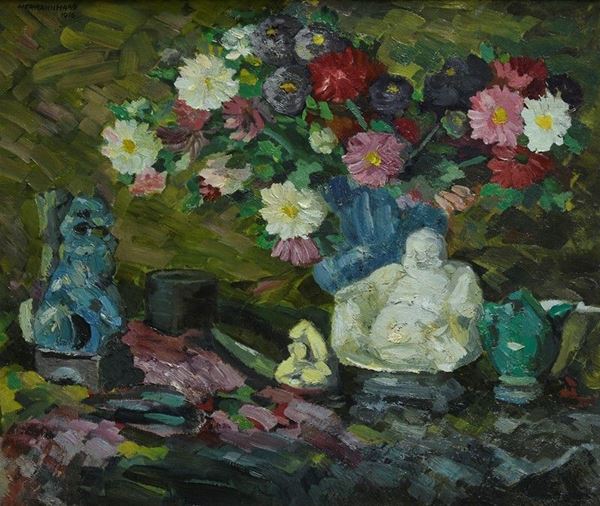 Hermann Haas - Natura morta con fiori e oggetti cinesi