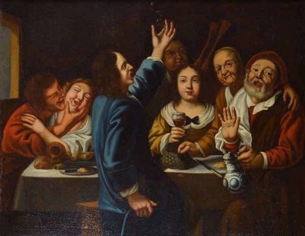 Scuola Fiamminga, seconda met&#224; XVII sec. - Interno di osteria con figure