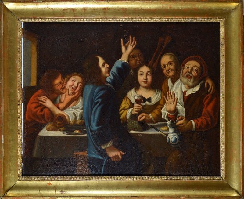 Scuola Fiamminga, Seconda Metà XVII Sec. - Interno di Osteria con Figure