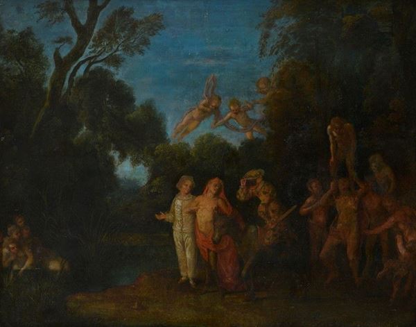 Scuola Francese, XVIII sec. - Il carro di Arlecchino