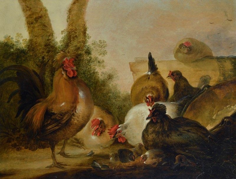Scuola Fiamminga, XVII-XVIII Sec. - Galline e Pulcini Entro Paesaggio