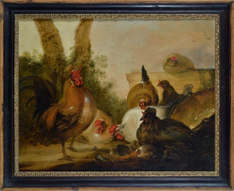 Scuola Fiamminga, XVII-XVIII Sec. - Galline e Pulcini Entro Paesaggio