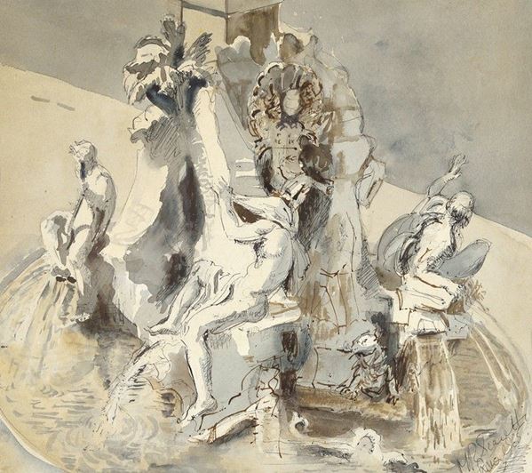 Scuola Italiana, XIX - XX sec. - Particolare di fontana dei fiumi di Pizza Navona a Roma