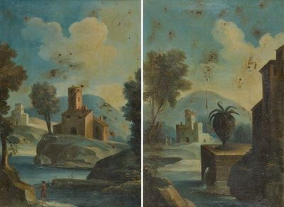 Coppia di Paesaggi con Caseggiati e Figure