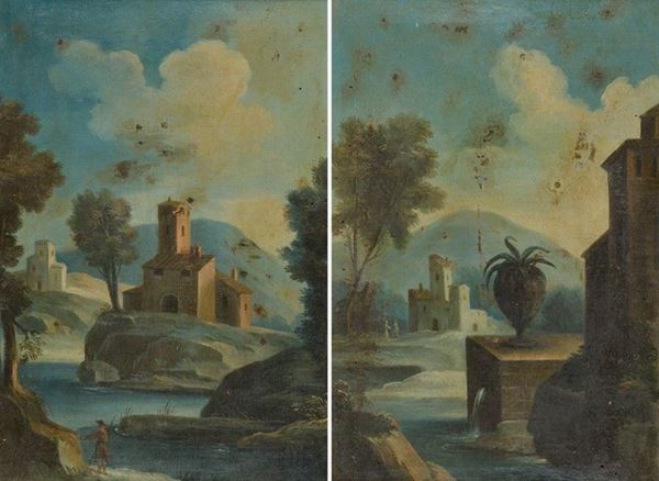 Scuola Italia Meridionale, XVIII - XIX sec. - Coppia di paesaggi con caseggiati e figure