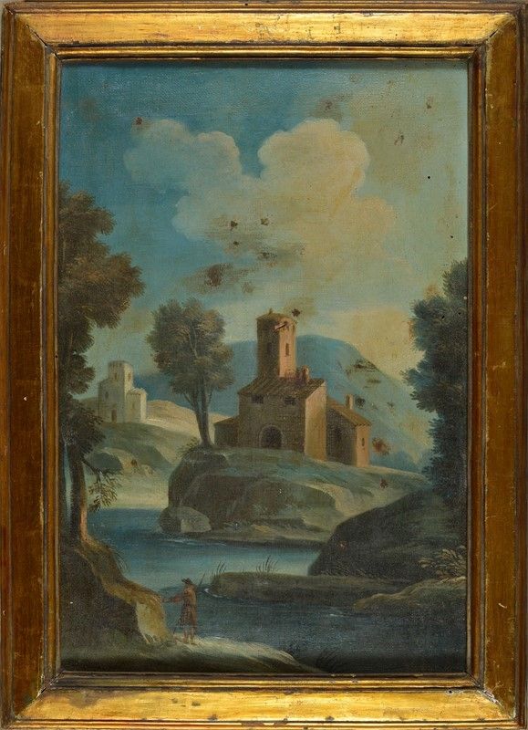 Scuola Italia Meridionale, XVIII - XIX Sec. - Coppia di Paesaggi con Caseggiati e Figure