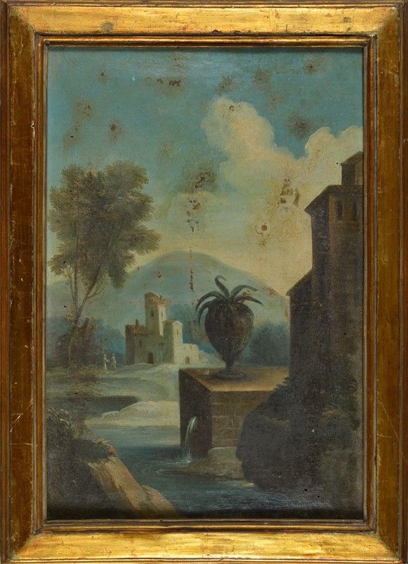 Scuola Italia Meridionale, XVIII - XIX Sec. - Coppia di Paesaggi con Caseggiati e Figure