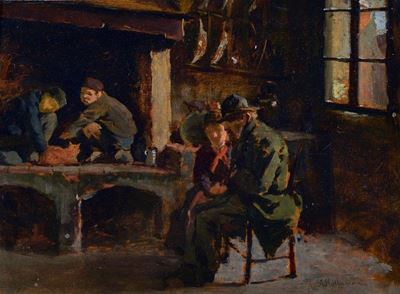 Interno di Cucina con Scena Domestica