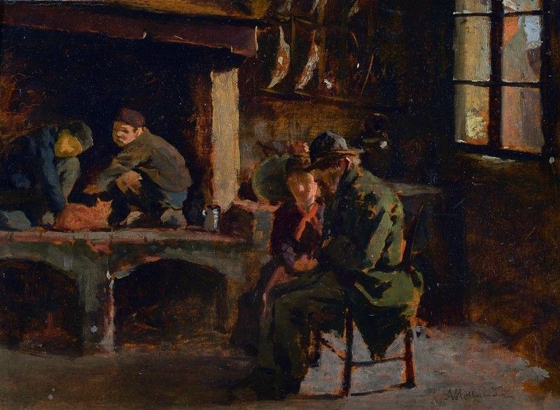 Alfonso Hollaender - Interno di Cucina con Scena Domestica