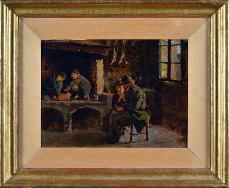 Alfonso Hollaender - Interno di Cucina con Scena Domestica