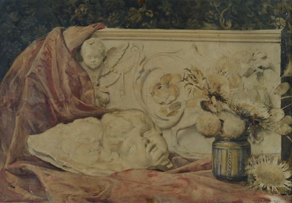 Egeria Bigi - Natura morta con bassorilievi e fiori