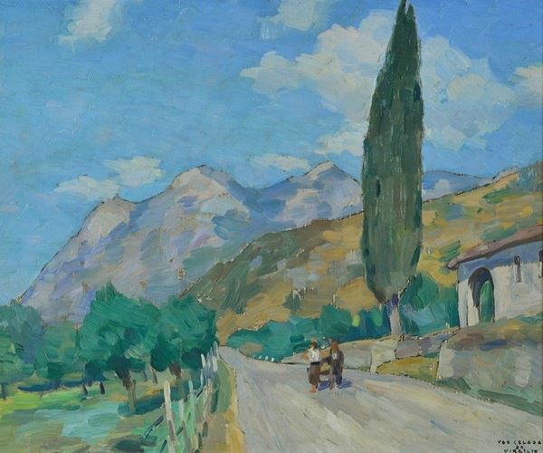 Ugo Celada da Virgilio - Strada di montagna con figure