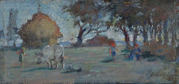 Guido Somelli - Landscape with figures at a haystack