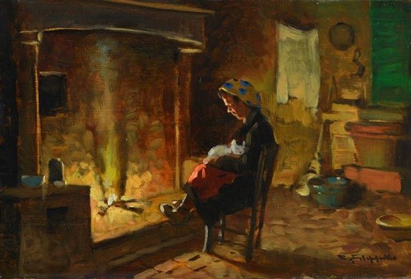 Cafiero Filippelli - Donna con gatto al focolare