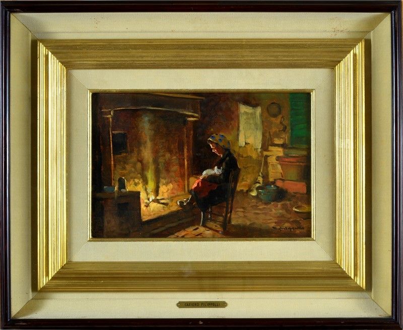 Cafiero Filippelli - Donna con Gatto al Focolare
