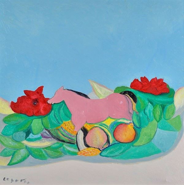 Giuseppe Cesetti - Natura morta e cavallo rosa