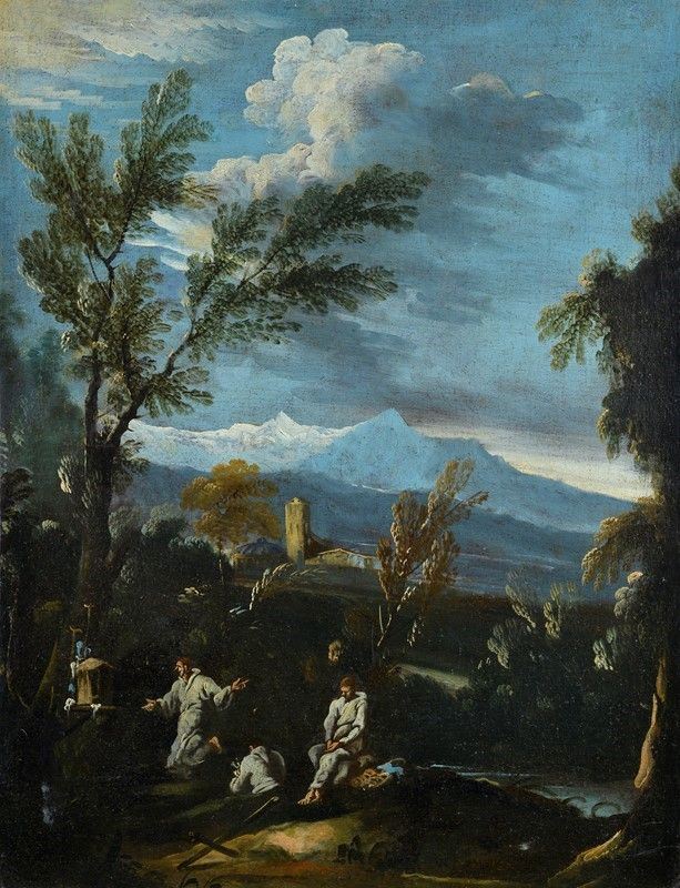 Ambito di Alessandro Magnasco - Paesaggio con Frati