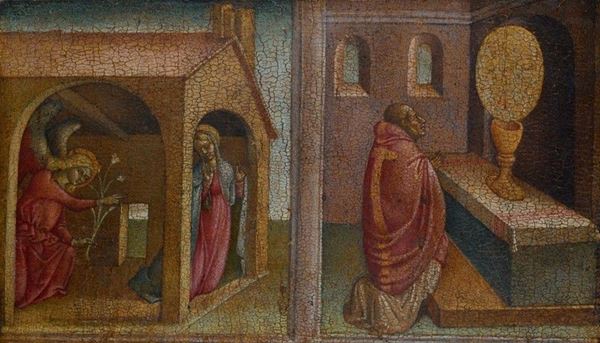 Scuola Toscana, XV sec. - Porzione di predella con Annunciazione e Miracolo eucaristico