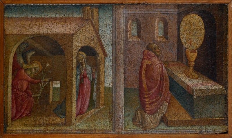 Scuola Toscana, XV Sec. - Porzione di Predella con Annunciazione e Miracolo Eucaristico