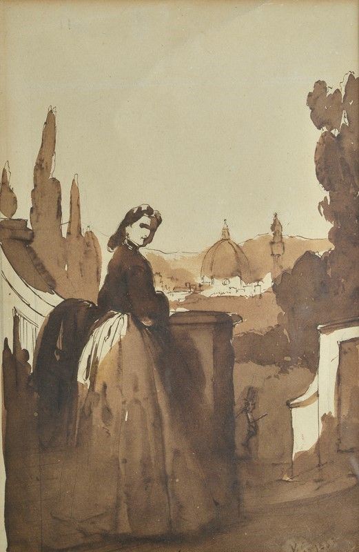 Vincenzo Cabianca - Ritratto di Signora con Firenze sullo Sfondo