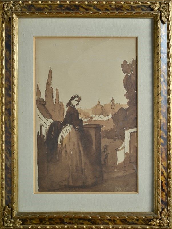 Vincenzo Cabianca - Ritratto di Signora con Firenze sullo Sfondo