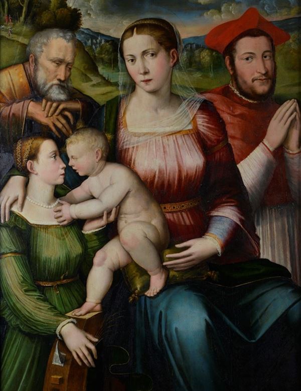 Attr. a Giacomo Raibolini detto Giacomo Francia - Holy Family with Saint Catherine and a Cardinal