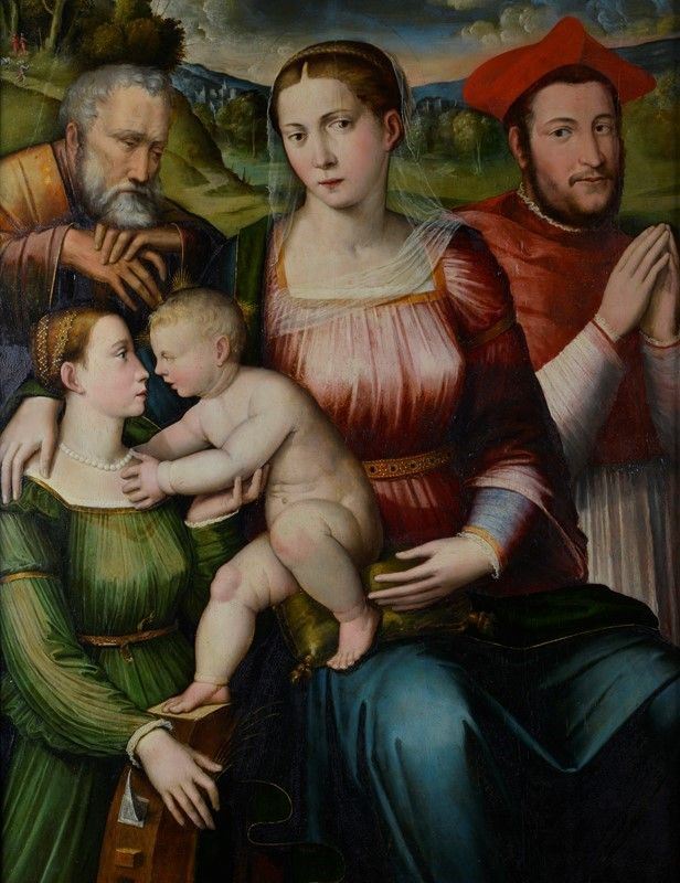 Attr. a Giacomo Raibolini Detto Giacomo Francia - Sacra Famiglia con Santa Caterina e un Cardinal...