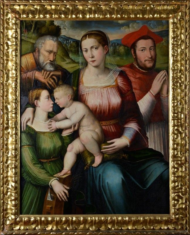 Attr. a Giacomo Raibolini Detto Giacomo Francia - Sacra Famiglia con Santa Caterina e un Cardinal...