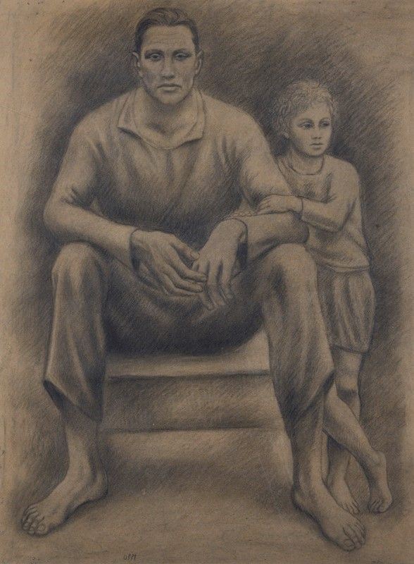 Ubaldo Oppi - Contadino seduto sulla soglia di casa col figlio