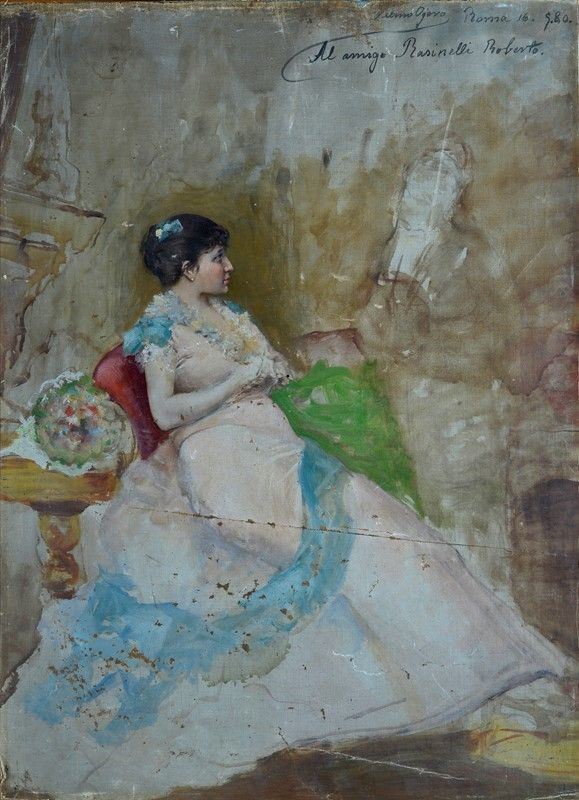 Anonimo, XIX sec. : Donna seduta  (1880)  - Olio su tela riportata su cartone - Asta ANTIQUARIATO, AUTORI DEL XIX E XX SEC - I - Galleria Pananti Casa d'Aste
