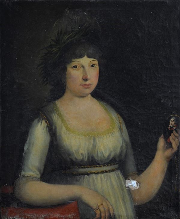 Anonimo, XIX sec. - Portrait of a woman with miniature