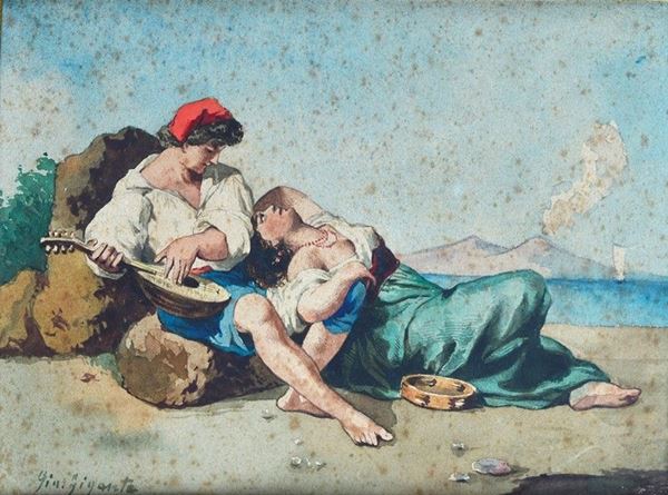Giacinto Gigante - Musicanti con sfondo del Vesuvio
